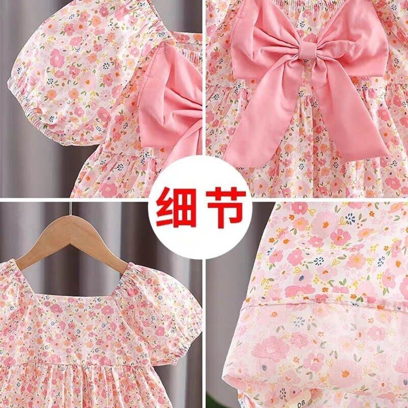 Đầm Công Chúa Tay Phồng Cổ Vuông Đính Nơ In Họa Tiết Hoa Dễ Thương Thời Trang Mùa Hè Cho Bé Gái 2-6 Tuổi