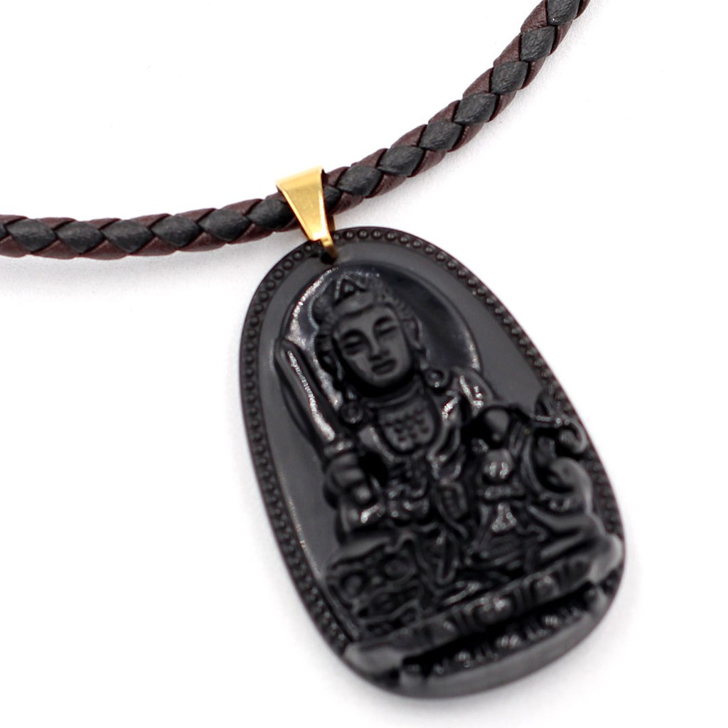 Vòng cổ dây da Phật Văn Thù Bồ Tát - Hộ mệnh tuổi Mão - Đá đen 5 cm DDNEBVTAEN3