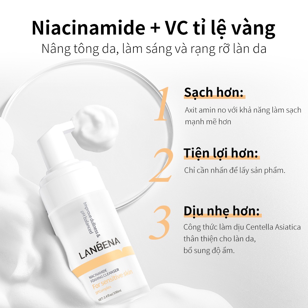 Sữa rửa mặt LANBENA Niacinamide Tạo Bọt Làm Sạch Sâu và trắng Sáng da dưỡng ẩm Làm Sạch 100ml