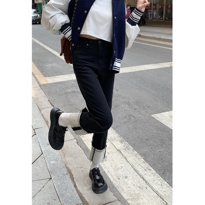 Quần denim đen lưng cao thời trang mùa thu 2021