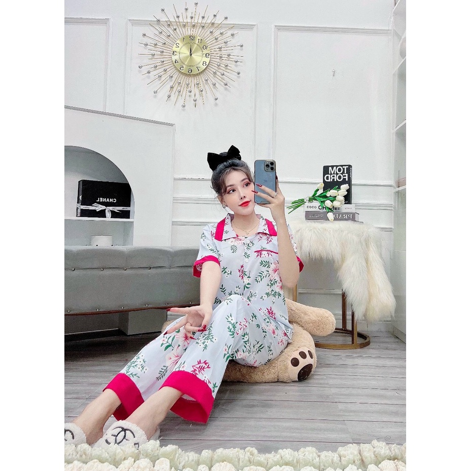 Đồ ngủ pyjama lụa quần dài tay cộc đồ bộ mặc nhà dễ thương