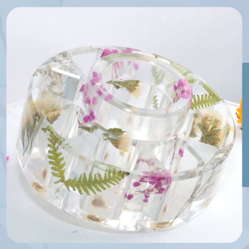 Khay đựng son hình tròn 9 ô handmade hoạ tiết hoa khô resin epoxy trong suốt 2poxy