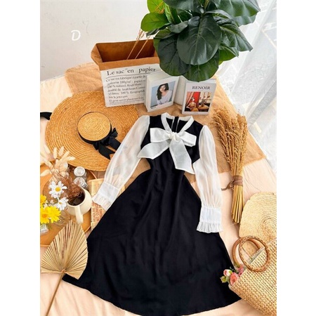 (Ưu Đãi FreeShip) Đầm tiểu thư tay phối voan,đầm nữ dự tiệc cột nơ cổ thiết kế dáng xòe chất umi cao cấp from chuẩn
