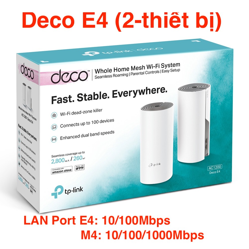 TP-Link AC 1200Mbps Hệ thống WiFi Mesh Cho Gia Đình AC1200 cho độ phủ Wi-Fi tuyệt vời - Deco E4(2-pack) - Chính Hãng