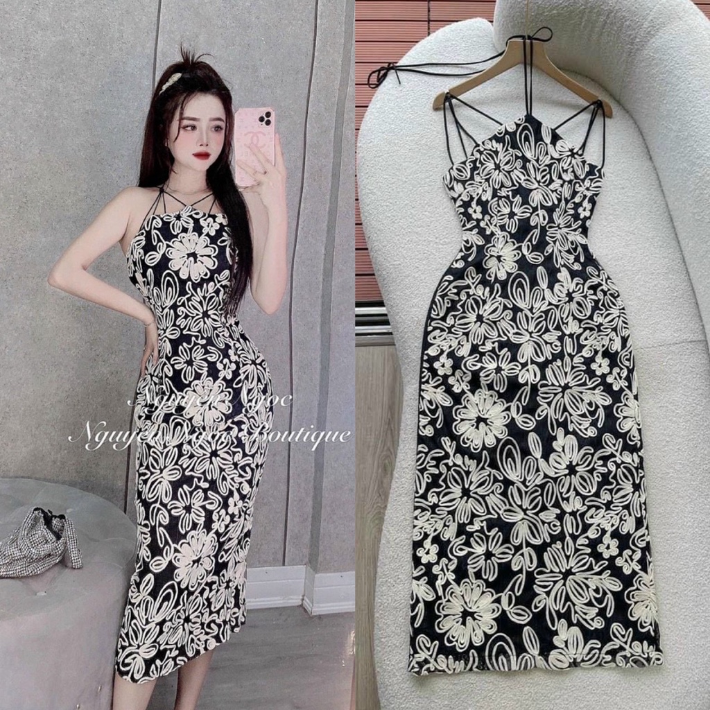 Đầm váy nữ ôm body họa tiết đan dây cổ màu y hình thời trang nữ trẻ trung năng động phù hợp mọi phong cách