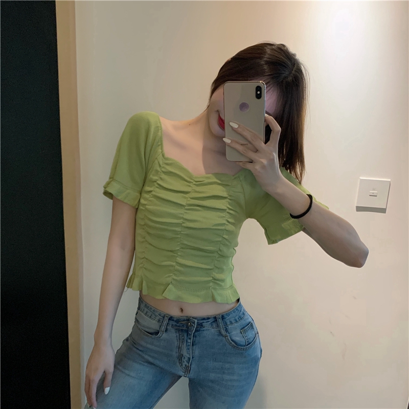 IELGY    Áo Thun Dệt Kim Ngắn Tay Hở Rốn Ôm Dáng Xếp Ly 7 Màu Sắc Tùy Chọn Cho Nữ