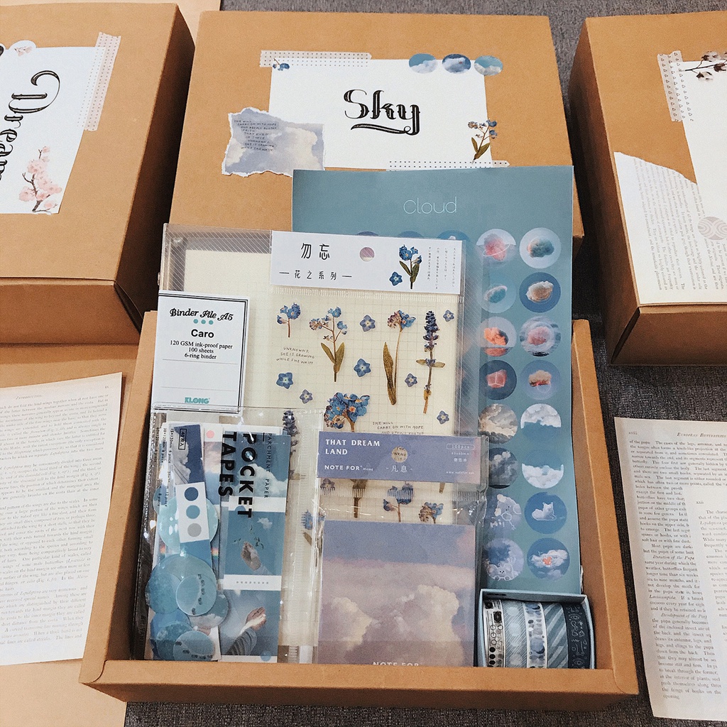 Set trang trí làm Bullet journal Sky - hộp quà tặng kèm sổ Klong sticker, note, washi tape Luv 102