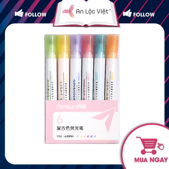 Bộ Bút Dạ Quang 6 Màu, Vỏ Nhựa Resun - Đánh Dấu Tài Liệu Tiện Lợi