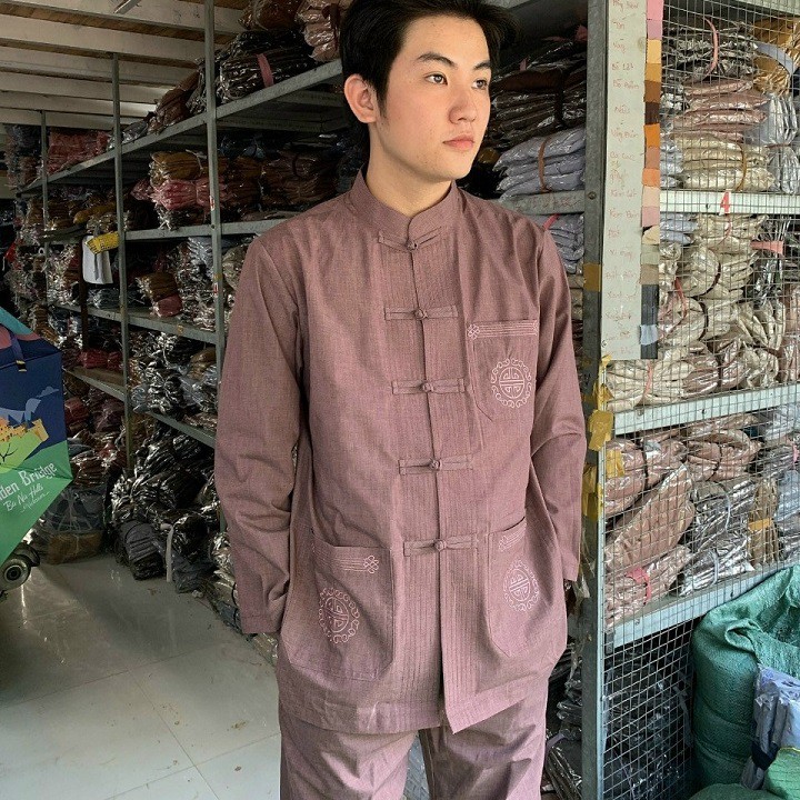 Bộ đồ lam nam đi chùa, Quần áo lam Phật tử nam đi chùa Giản dị kín đáo nẫu thêu túi tay dài mã KAN05D