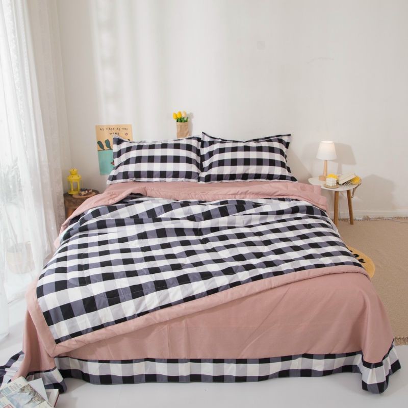 Bộ Chăn Ga Gối Đũi Caro Chăn Chần Hè. Chăn Ga Nhập Khẩu Phong Cách Hàn Quốc