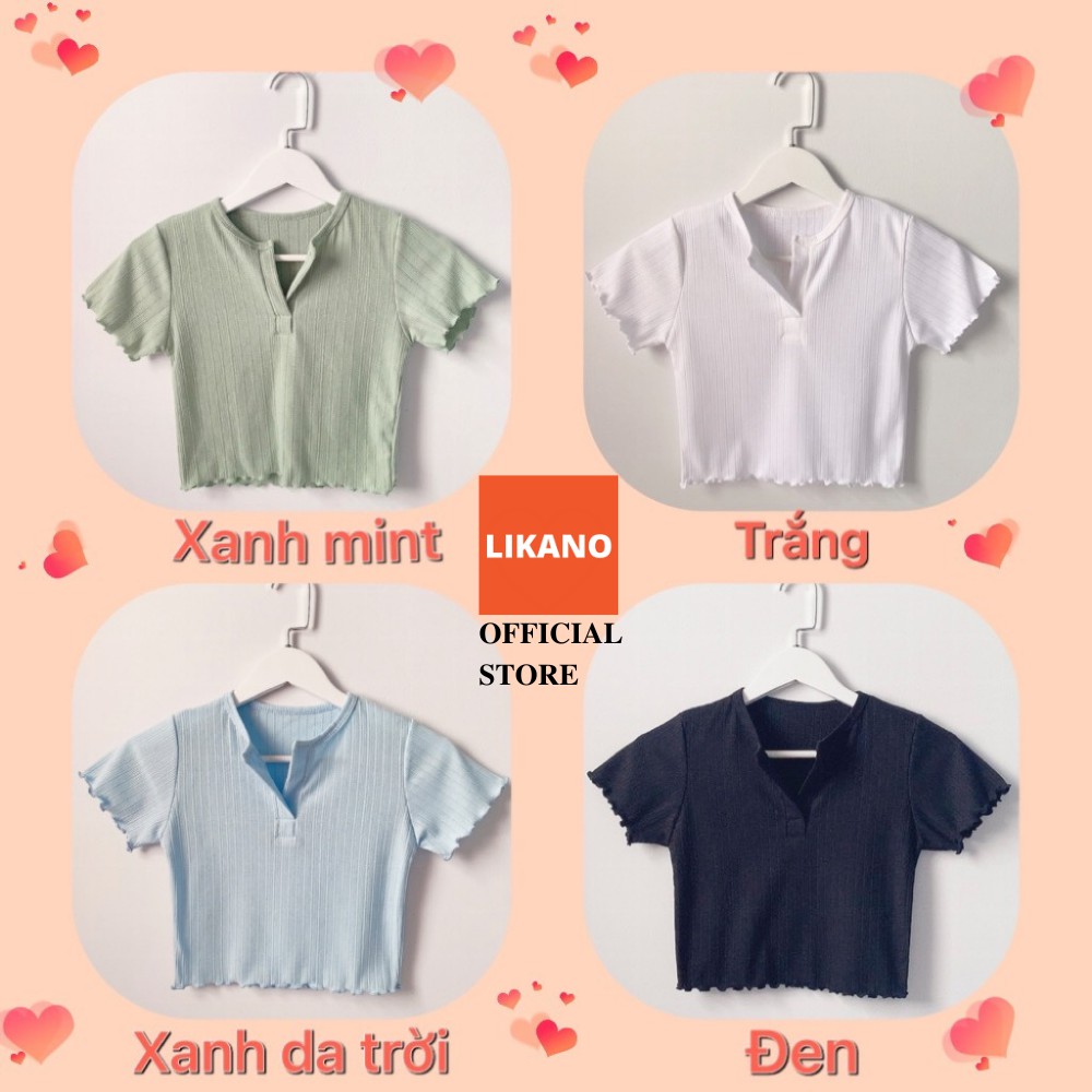 Áo croptop nữ tay ngắn kiểu ôm, áo thun croptop cổ V viền bèo LIKANO CRT76