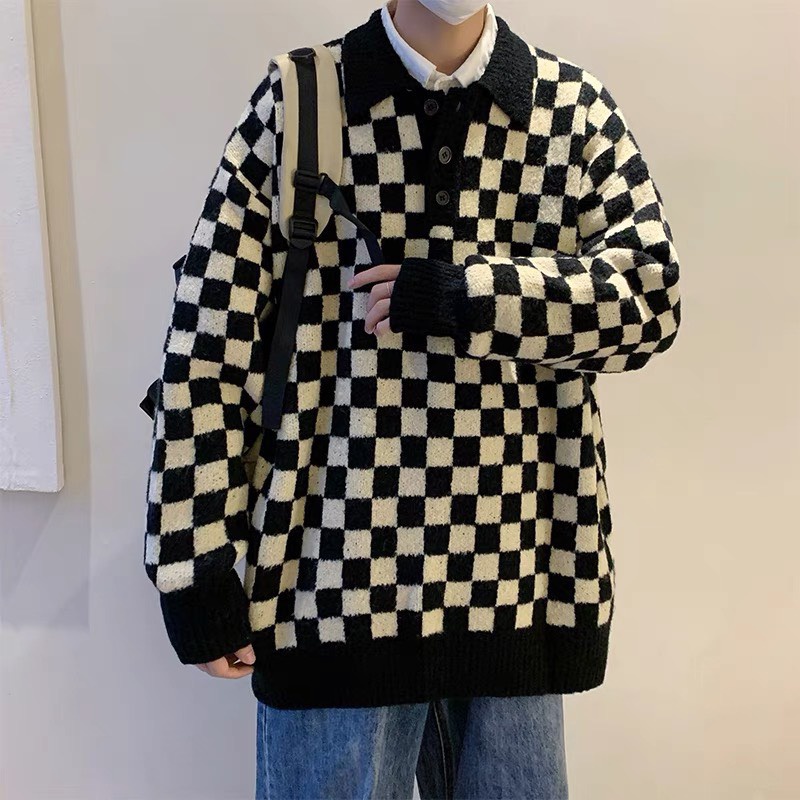 Áo len nam nữ couple cặp đôi form rộng kẻ sọc caro bàn cờ cổ polo pull thu đông ulzzang ( 2 màu )