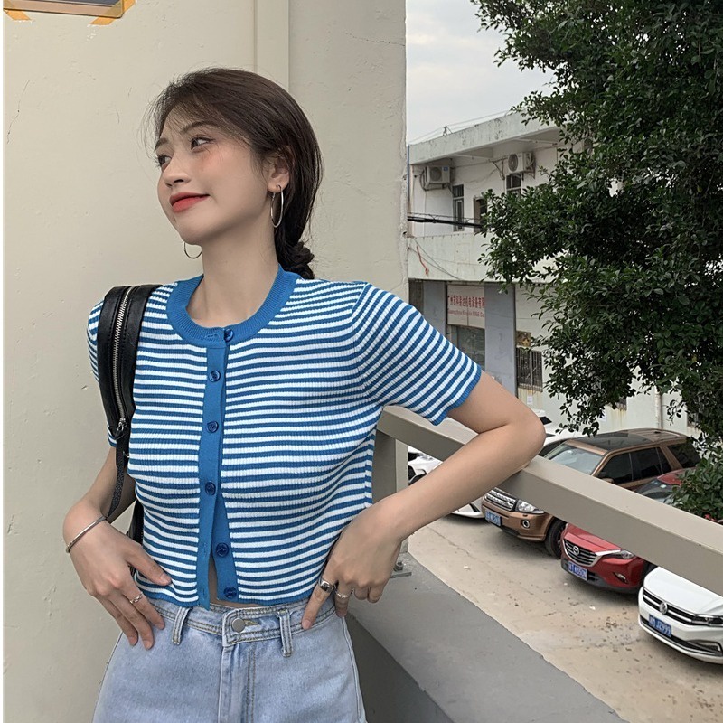Áo cardigan ZHELIHANGFEI dệt kim tay ngắn cổ tròn cài khuy họa tiết kẻ sọc dễ thương