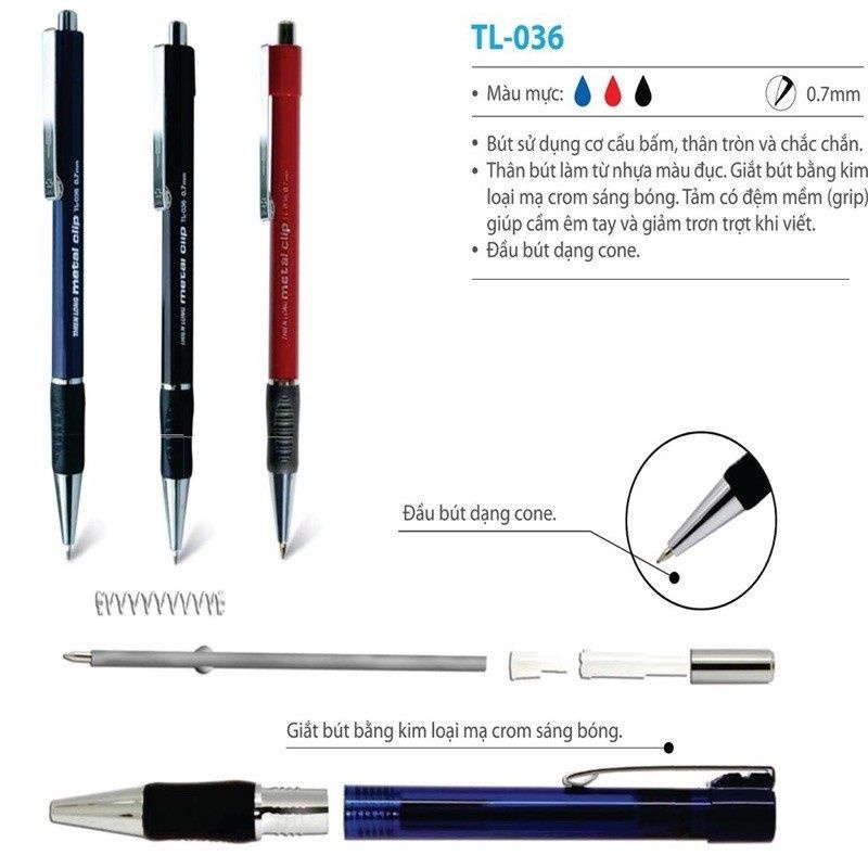 Bút Bi 0.7mm Thiên Long TL-036 Mực Đỏ, Xanh, Đen Nét Bút Đẹp Chuẩn Như Ý Khó Phai