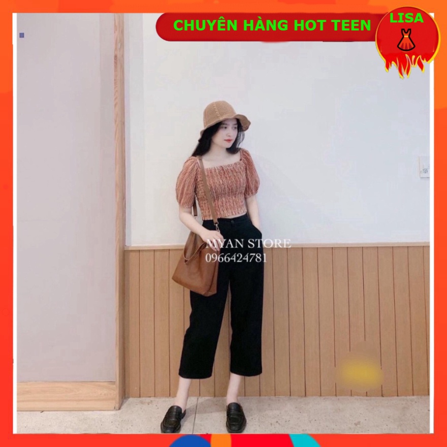 SET ÁO KẺ ĐỎ THỔ CẨM CHUN NGỰC TAY BỒNG MIX QUẦN CULLOTES ĐEN BAY SUÔNG LỠ - - 👗lisa97_store
