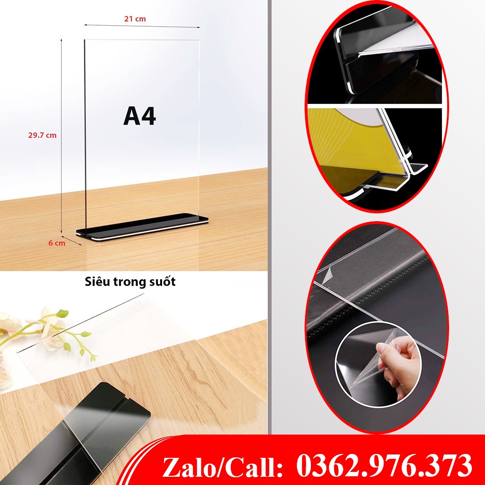 Menu A4, kệ mica A4, bảng mica A4, mica để bàn A4, mica A4 để bàn, bảng mica A4 để bàn, standee để bàn mica A4