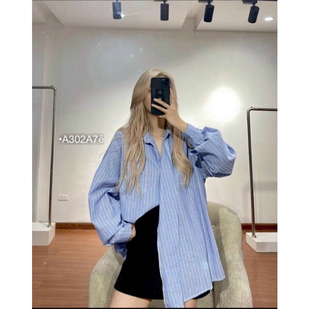 Áo Sơ Mi Dáng Rộng Bigsize Nữ Sơ Mi Kẻ Hàn Quốc Tay Dài Dáng Giấu Quần Vải Kate Thô Mát Màu Trằn/Xanh Sọc