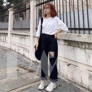 Sét áo thụng trơn + quần bò đen rách