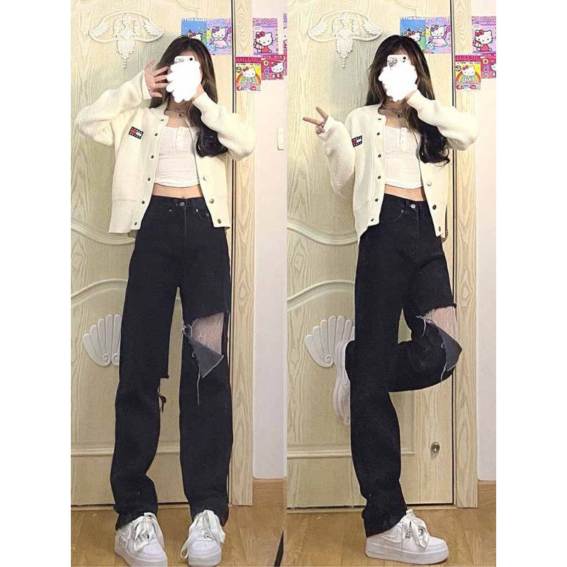 Quần jeans ống rộng rách gối có bigsize