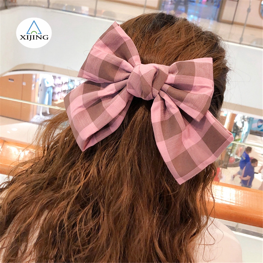 Kẹp Tóc Trang Trí Nơ Họa Tiết Sọc Caro Phong Cách Retro Xinh Xắn Cho Nữ