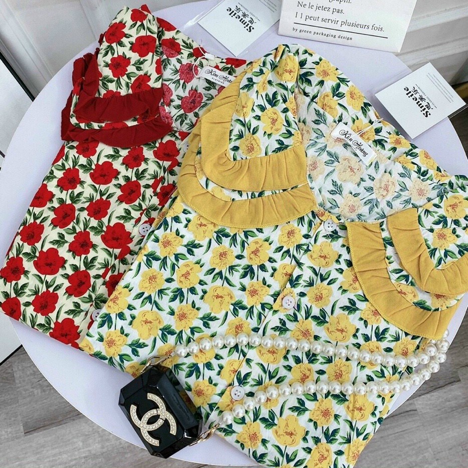 Đầm midi voan hoa tay búp phong cách mùa hè, váy bầu thiết kể cổ bèo, đầm hoa babydoll  phối nút bèo tầng tiểu thư