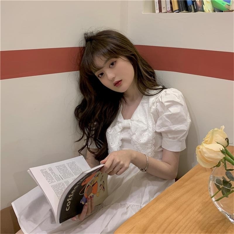 Đầm Công Chúa Tay Phồng Cổ Búp Bê Phối Nơ Thời Trang Mùa Hè