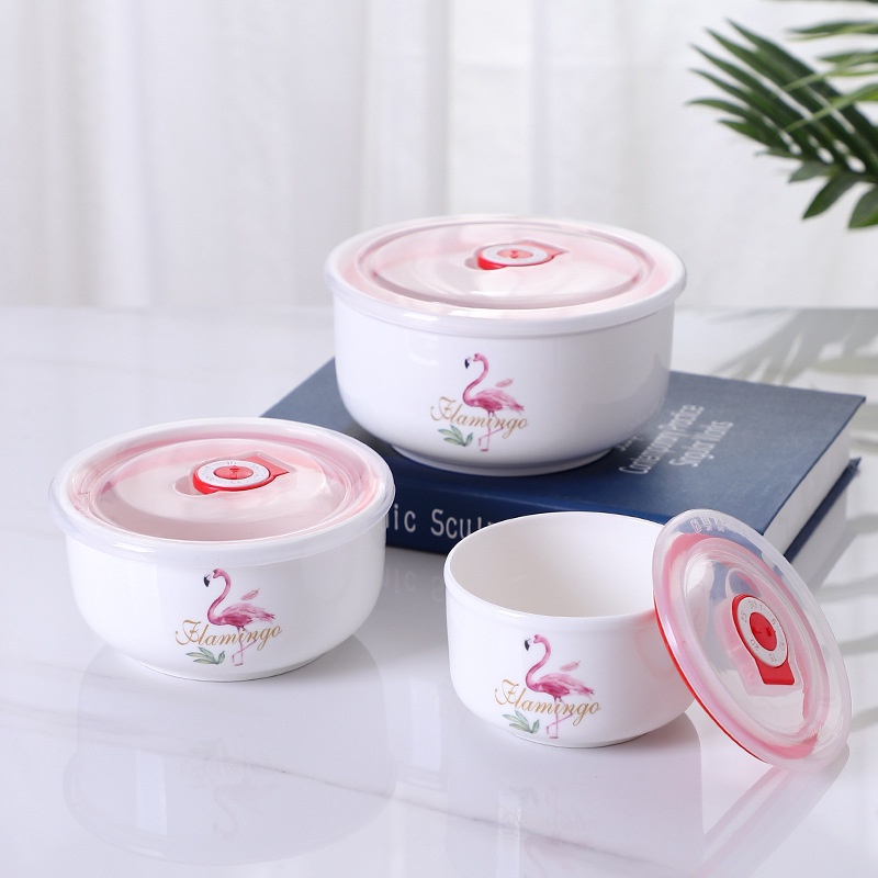 Bộ 3 tô sứ lạnh cao cấp - Set 3 bát sứ lạnh thố đựng cơm mang đi có nắp chân không