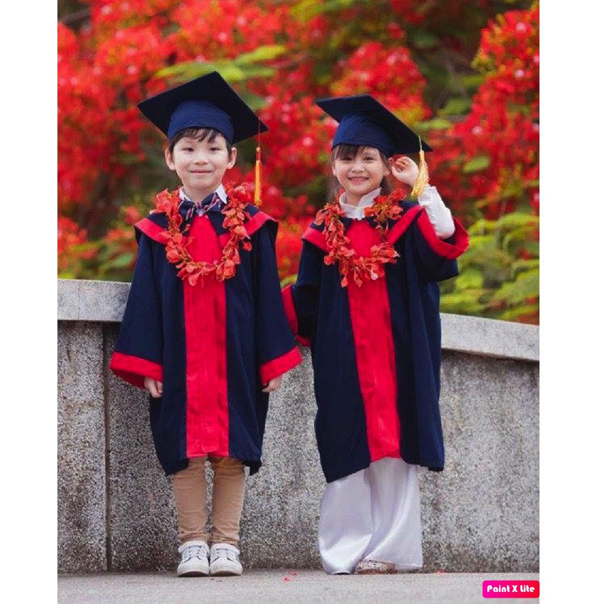 Bộ lễ phục Áo mũ cử nhân tốt nghiệp mầm non 3 - 5 tuổi xanh tím than vạt đỏ ( 1 bộ gồm 1 áo và 1 mũ)