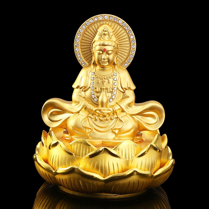 Tượng Phật Quan Âm bằng hợp kim mạ vàng ngồi đài sen để xe ô tô C12 (Tượng 2 mặt) + Tặng kèm chuỗi hạt phật tử