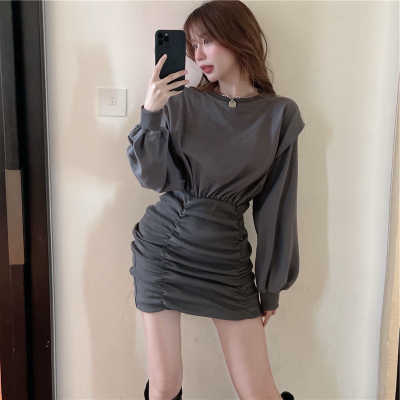 Đầm Tay Phồng Dài Ôm Dáng Thời Trang Mùa Thu Kiểu Mới