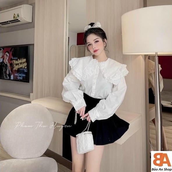 Áo sơ mi viền bèo chất vải Voan Free Size dưới 53kg dành cho nữ