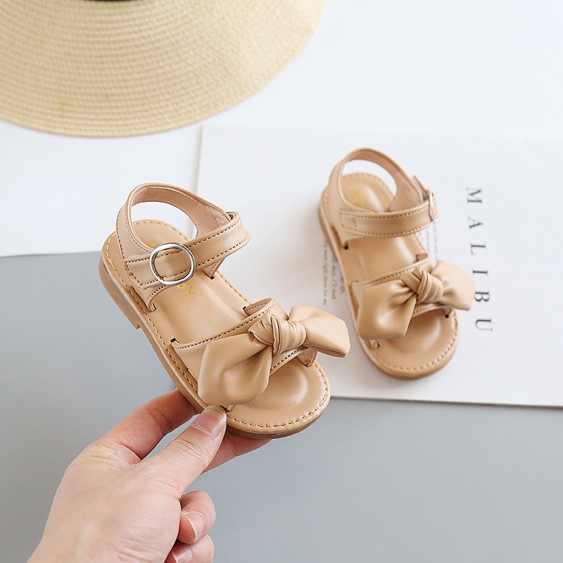 Xăng đan Da Mềm Đính Nơ Chống Trượt Màu Trơn Đơn Giản Dành Cho Bé Gái 1-8 Tuổi