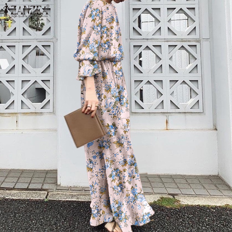 ZANZEA Đầm Dài Tay Cổ Tròn Xẻ Tà Họa Tiết Hoa Thanh Lịch Cho Nữ