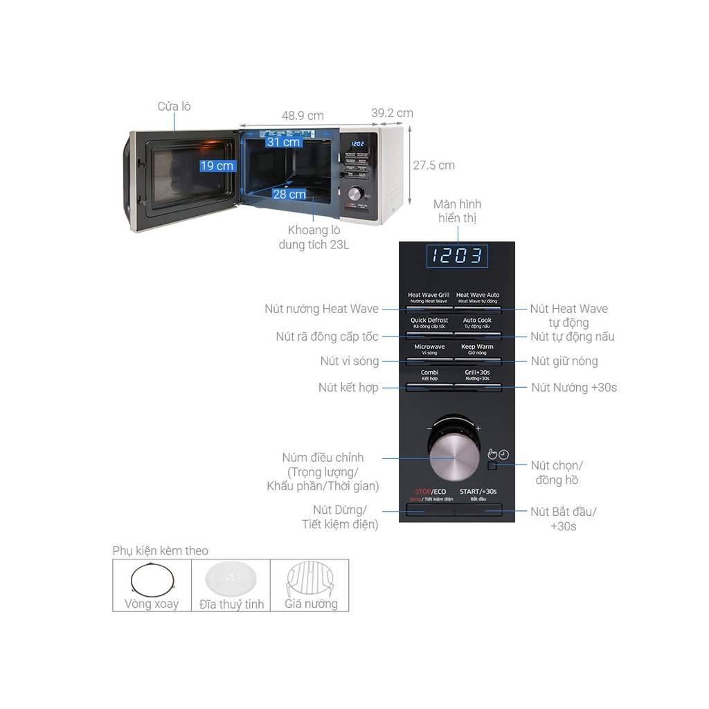 Lò vi sóng có nướng Samsung MG23K3575AS/SV (MG23K3575AS) 23 lít - Made in Malaysia (Màu bạc)