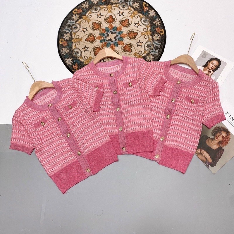 [ÁO CARDIGAN] Cadigan Nữ, Áo Dệt Kim Ngắn Tay Len Mỏng Màu Hồng Siêu Sang Chảnh