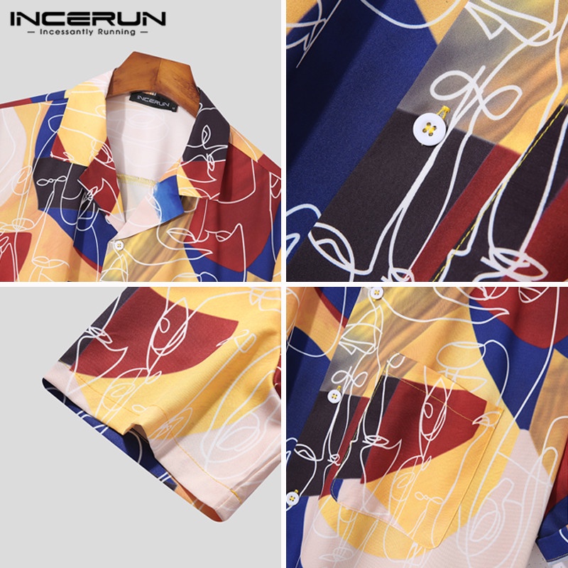 Áo sơ mi INCERUN tay ngắn cổ bẻ in họa tiết thời trang cho nam