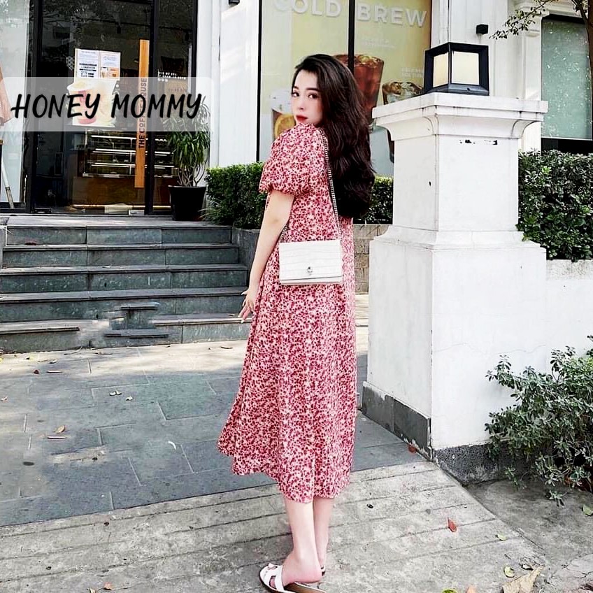 Váy Bầu Hoa Nhí Cổ Tròn Tay Bồng Dáng Suông Đầm Bầu Mùa Hè Dáng Dài HD2822 Honey Mommy