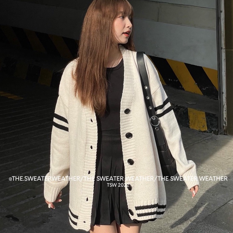 Áo khoác cardigan len nữ họa tiết trơn sọc tay be freesize phom rông hàn quốc đi làm hàng quảng châu Cheapy C1084