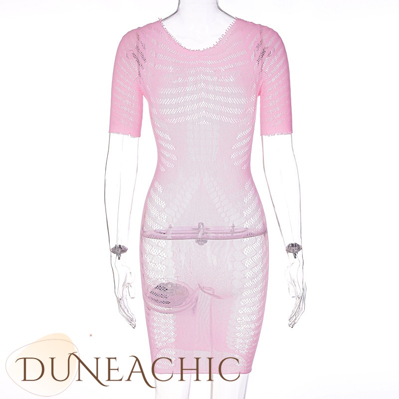 DUNEA Đầm Tay Ngắn Cổ Tròn Phối Lưới Quyến Rũ Thời Trang Dành Cho Nữ