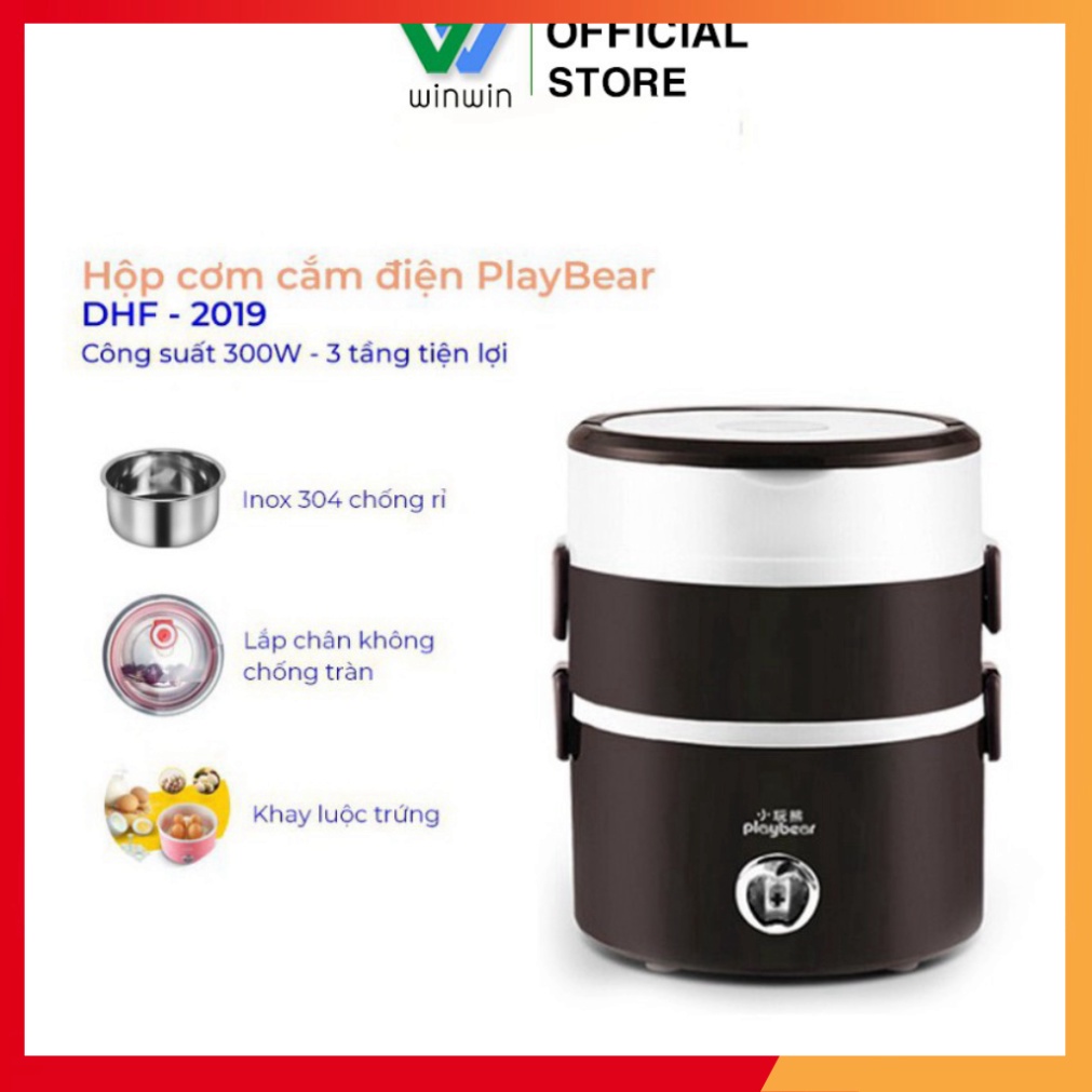 Hộp cơm cắm điện hâm nóng 3 tầng Playbear DFH - 2019,  inox 304 chống rỉ, làm nóng chỉ 5 phút_Vimart