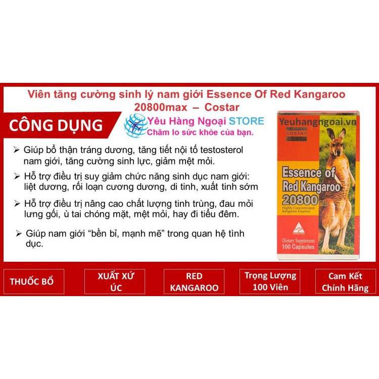 Viên uống Costar Essence of Red Kangaroo 20800 Max của Úc 100 viên.