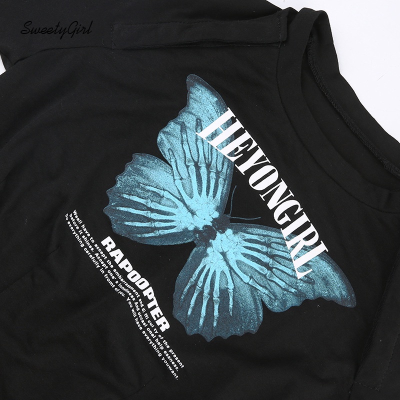 Áo Thun Tay Ngắn Cổ Tròn In Chữ Và Bướm Thời Trang 2022 Dành Cho Nữ