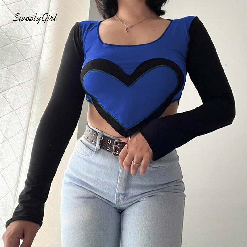 Áo Thun Tay Dài Cổ Vuông Ôm Eo Màu Sắc Tương Phản Quyến Rũ Thời Trang 2022 Cho Nữ