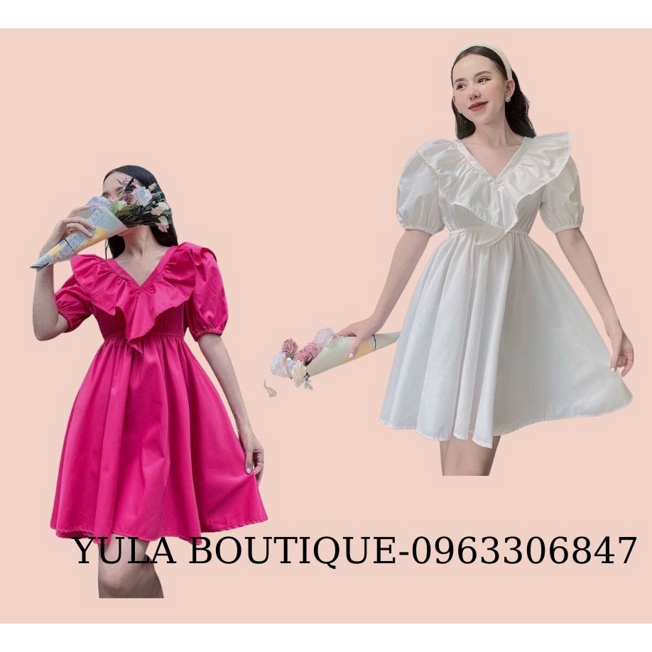 Váy babydoll nữ, tay phồng tiểu thư, bèo cánh tiên, chun eo, có thắt nơ sau | BigBuy360 - bigbuy360.vn