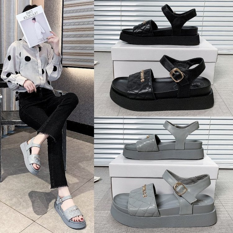 sandal nữ Thick Bottomed One Line Buckle Letter Open Toe Sandals for Women | BigBuy360 - bigbuy360.vn