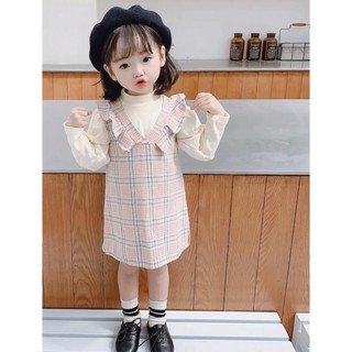 Bộ váy yếm bèo vào áo thun dài tay mùa thu đông tiểu thư cho bé gái từ 1 đến 3 tuổi