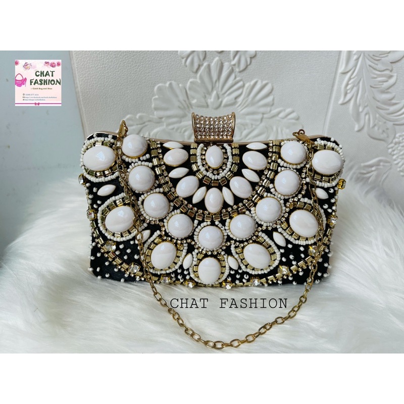 Cốp dự tiệc đính đá trắng to và hạt cườm  phong cách âu mỹ