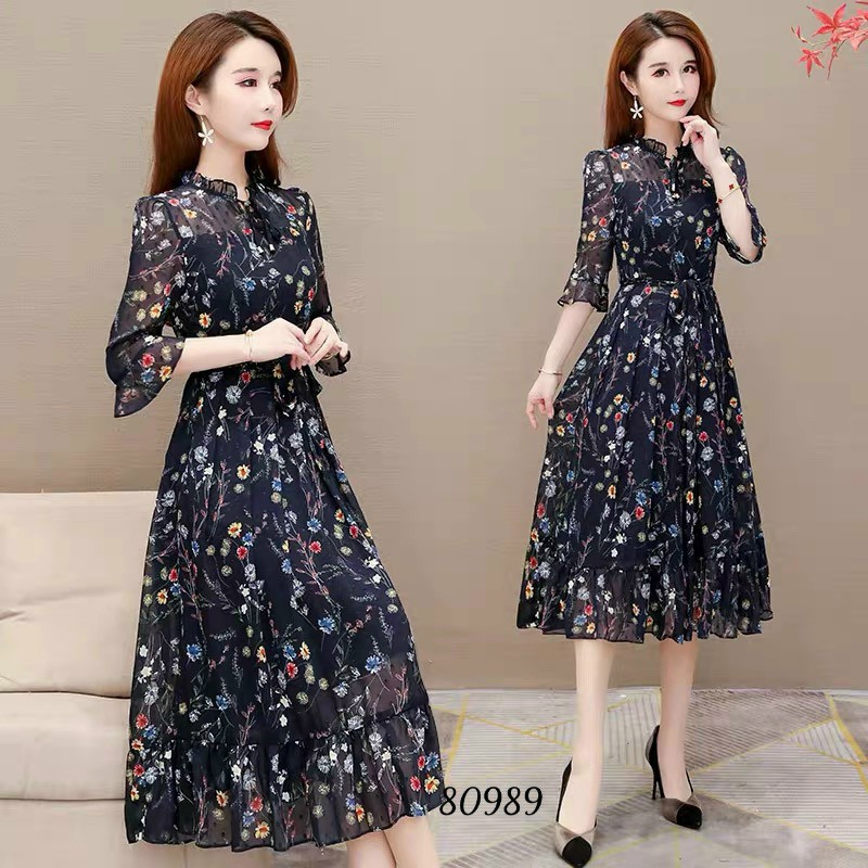 ĐẦM LỤA HOA 2 LỚP DÂY THẮT EO