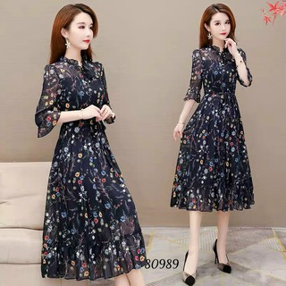 Đầm lụa hoa 2 lớp dây thắt eo