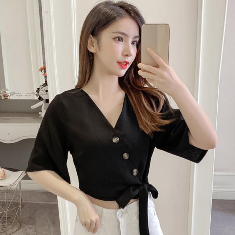 Áo kiểu phối nơ thiết kế cổ chữ V thanh lịch
